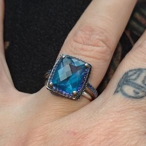 BEAUTIFUL London Blue Topaz Ring w Sapphire 14K White Gold w Black Rhodium Size7
